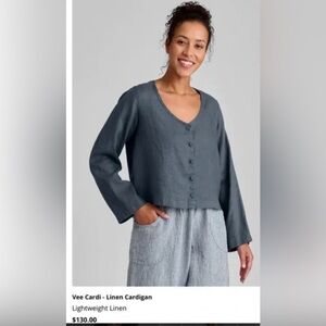 Flax Vee Cardi Black Linen Cardigan Jacket Button Front Top Large Minimalist